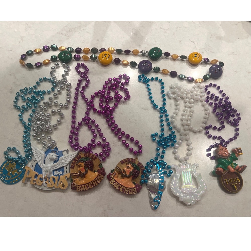 8 Vintage Mardi Gras Beads Lot Y2K Bacchus Pegasus Saturn Orpheus Tucks Krewes